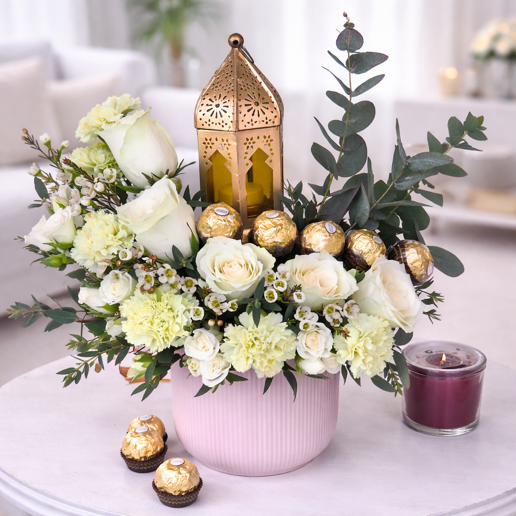 A close-up of the same pink floral arrangement with white roses and a gold lantern. A purple candle and two gold-wrapped chocolates sit on the white table nearby.