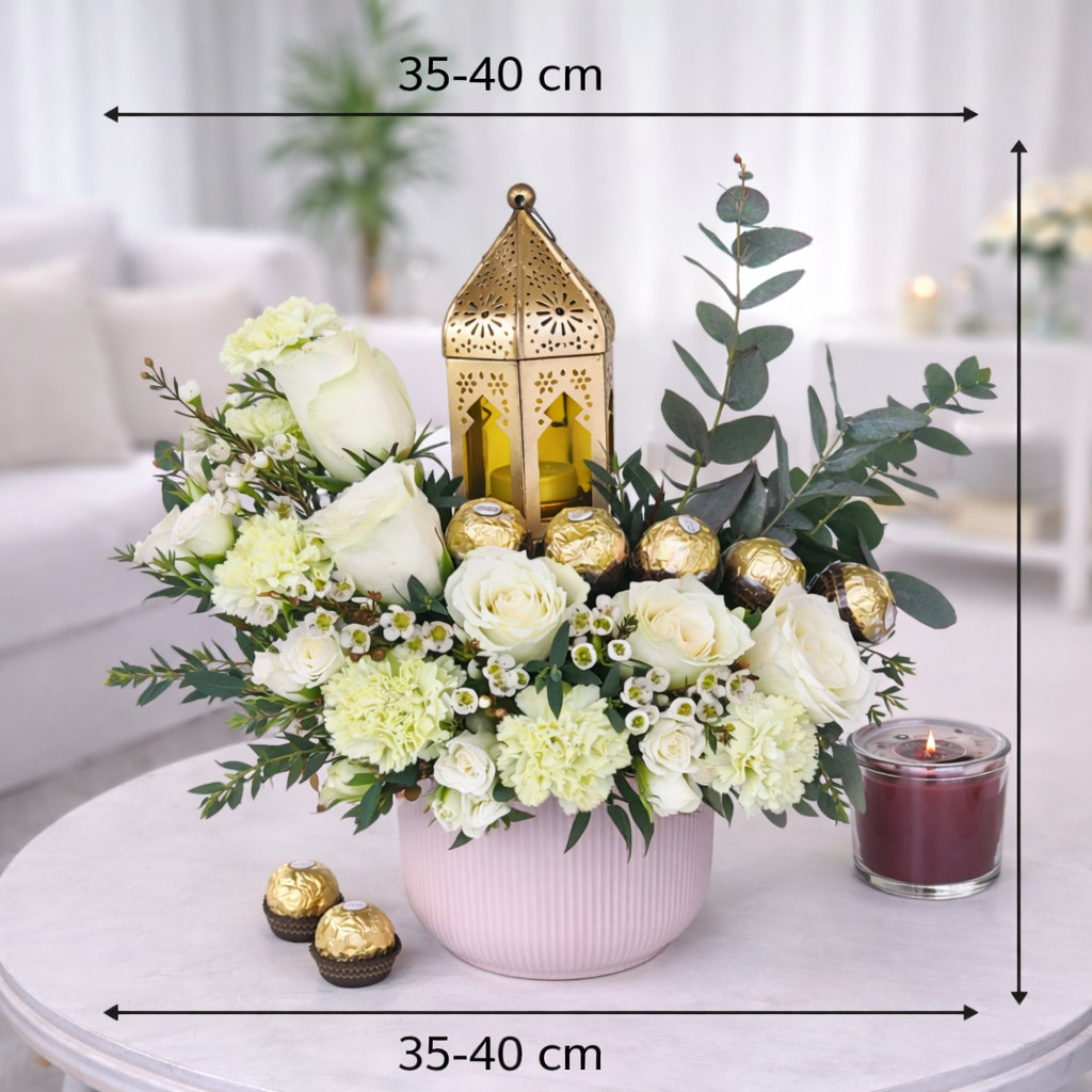 A product dimension photo of the floral arrangement. Black arrows and text indicate the height and width are both 35-40 cm.