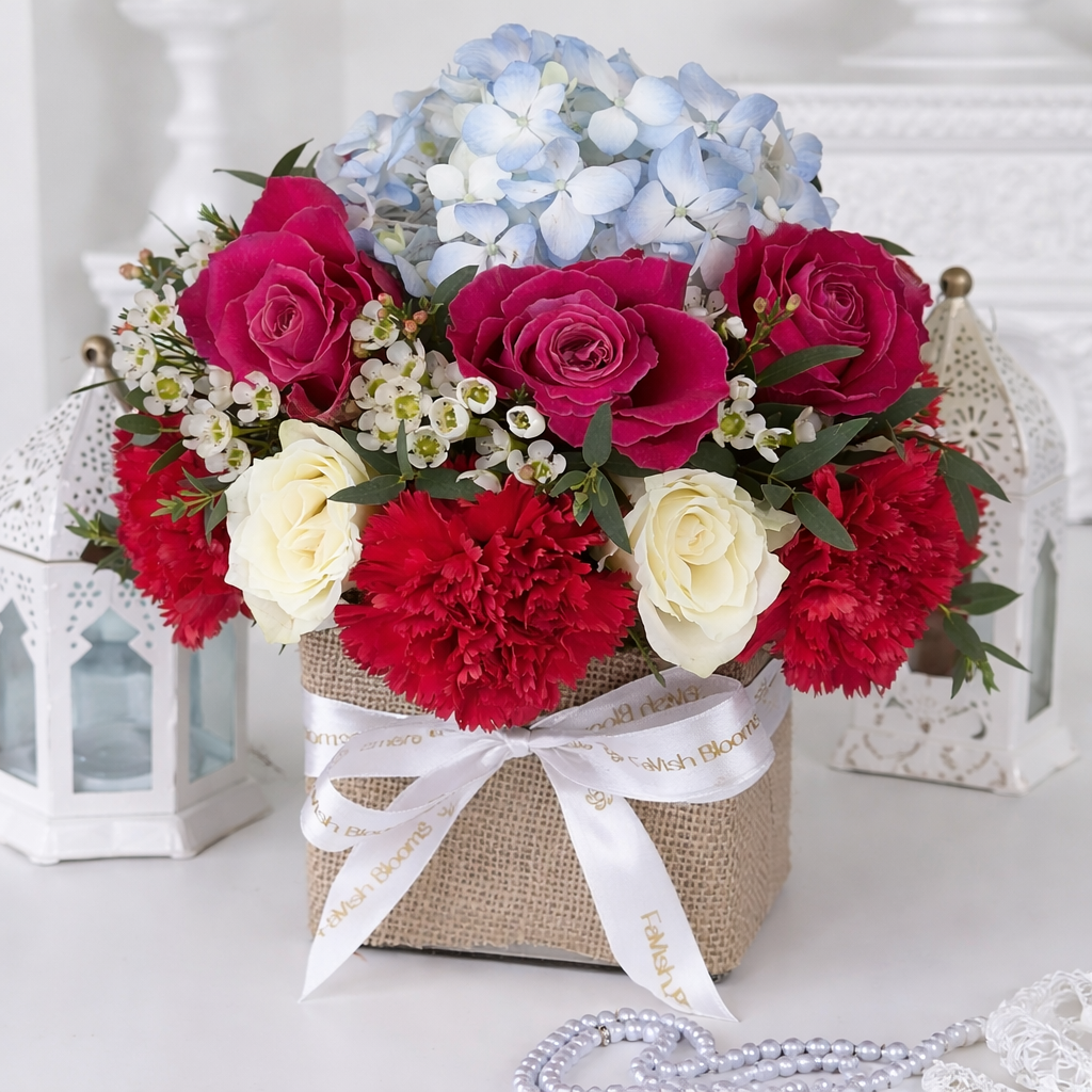 Frontal view of a colorful flower arrangement including red carnations and cream roses in a rustic burlap vase, accented with white waxflowers and a decorative ribbon