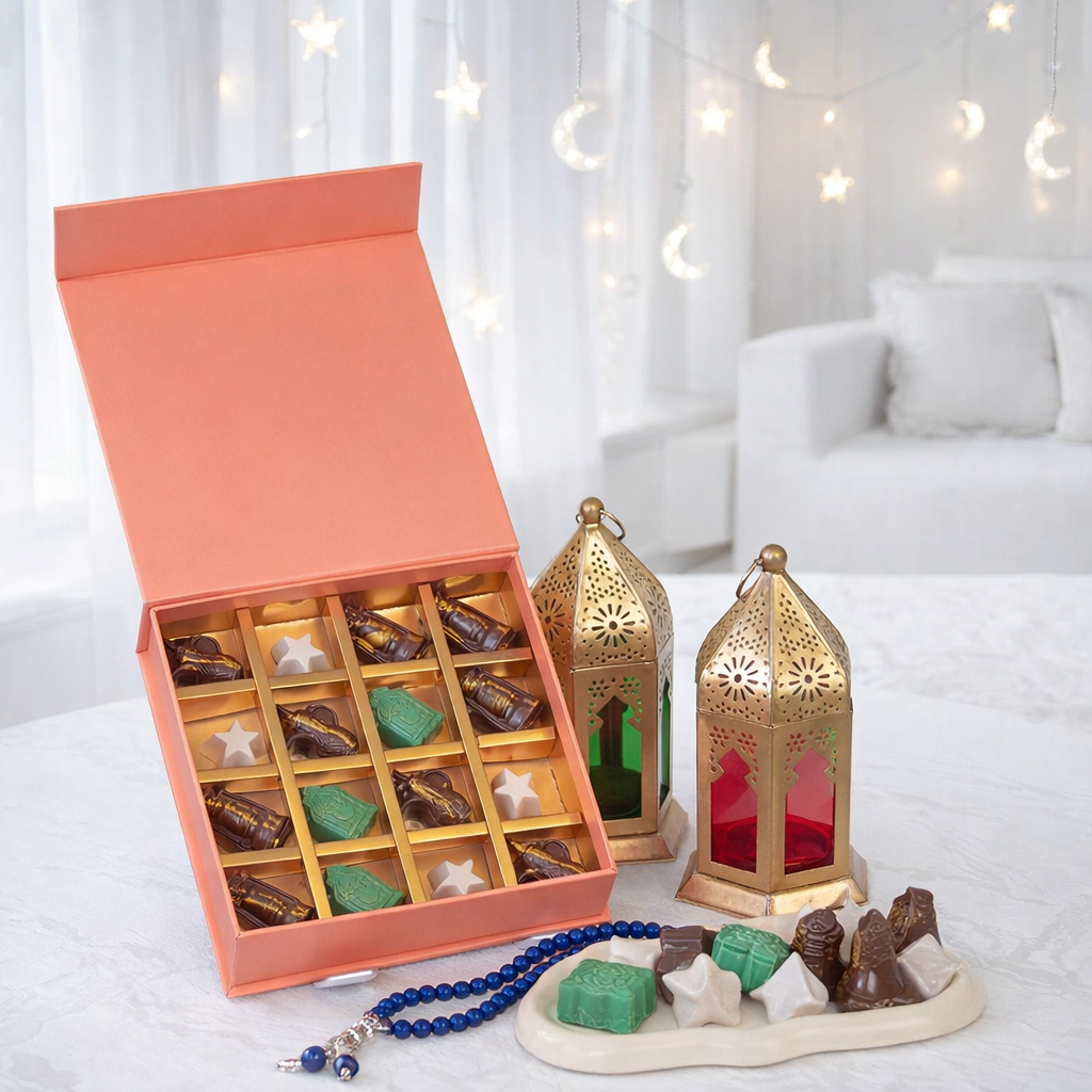 Pink gift box of Ramadan-themed chocolates shaped as mosques, stars, and lanterns, styled with gold Moorish lanterns and crescent fairy lights.