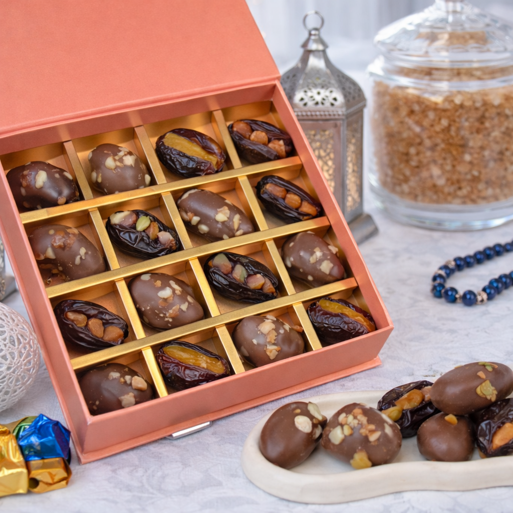 Close-up of an open pink box filled with chocolate-dipped stuffed dates topped with mixed nuts.