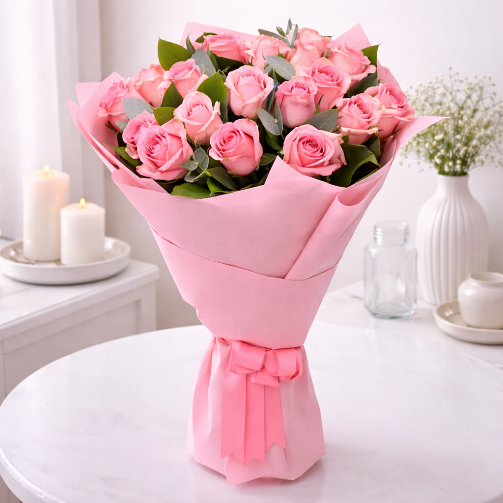Pink roses bouquet wrapped in pink paper and tied with a ribbon, displayed on a white table.