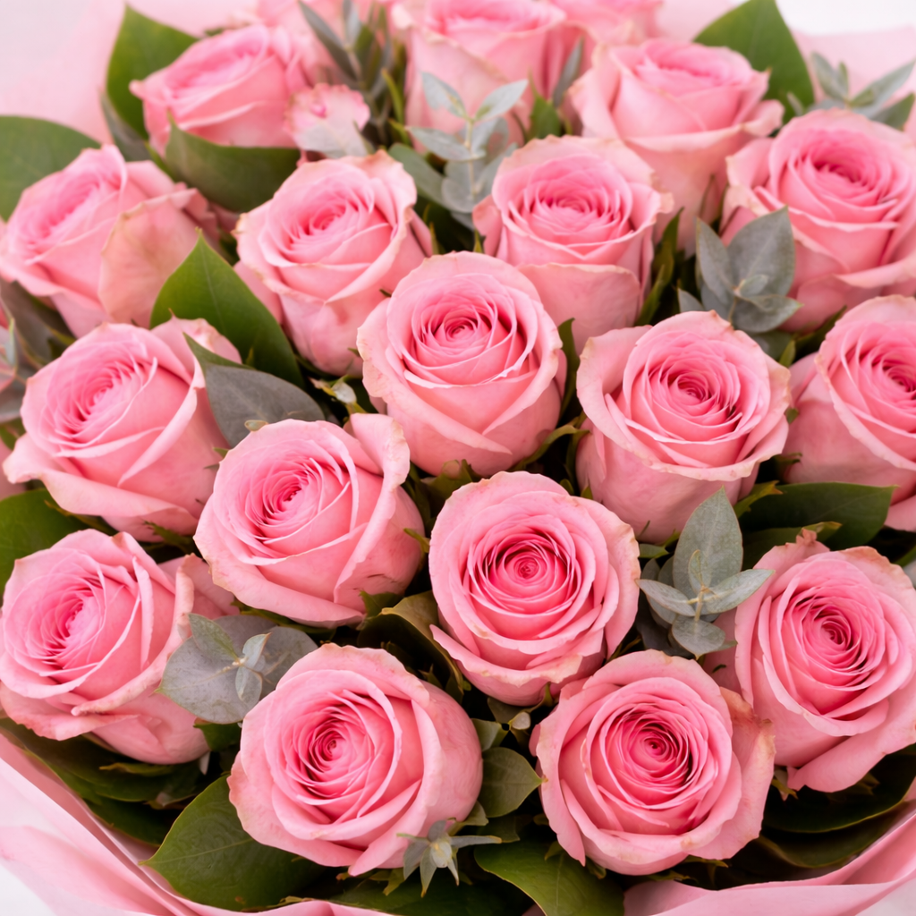 Close-up of fresh pink roses with eucalyptus leaves wrapped in pink paper.
