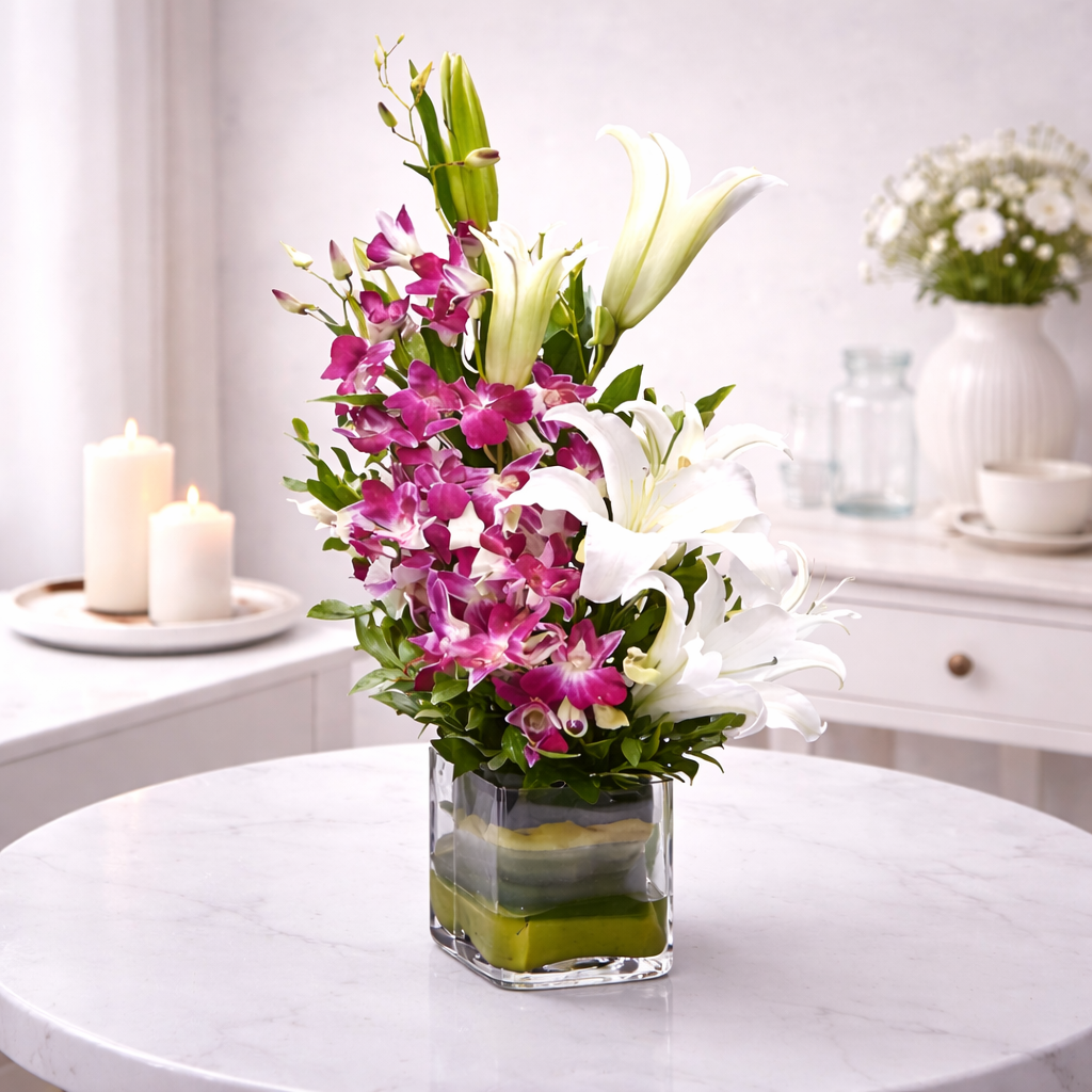 Elegant arrangement of purple dendrobium orchids and white lilies in a square glass vase on a marble table.