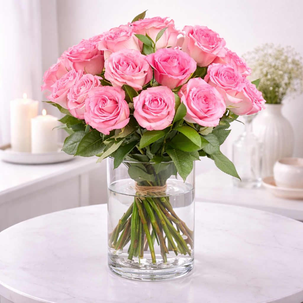 Bouquet of pink roses tied with twine in a clear glass vase on a white marble table.