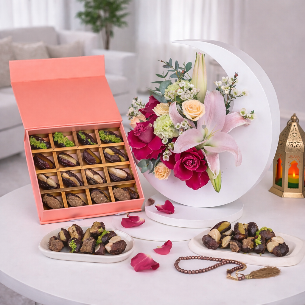 Ramadan gift set with flower arrangement and assorted dates box