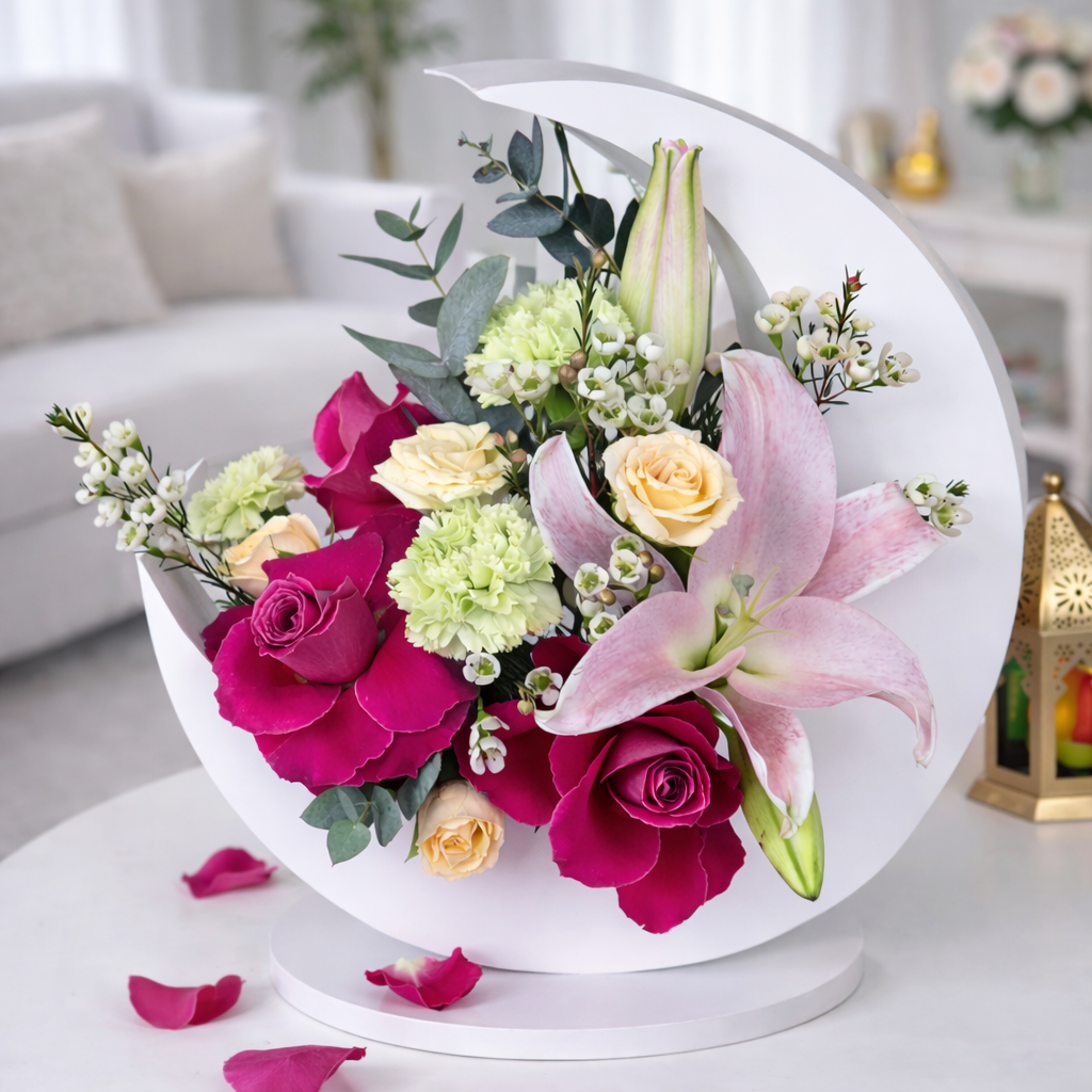 Luxury Ramadan dates and floral crescent display with lantern