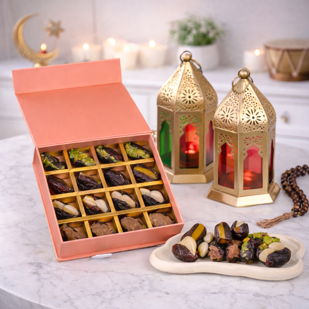 Elegant Ramadan hamper with stuffed dates, flowers and tasbih