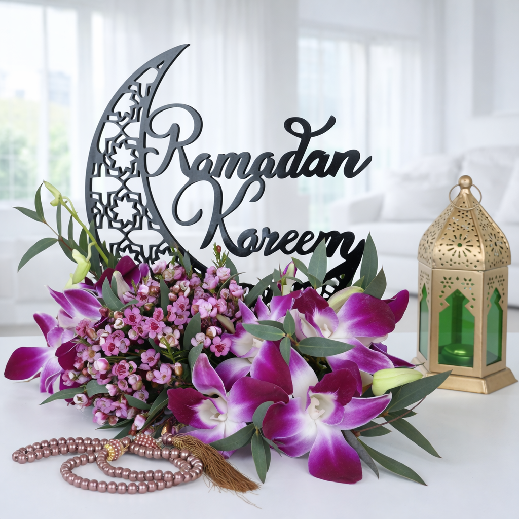 Elegant Ramadan floral centerpiece with purple orchids and crescent decor