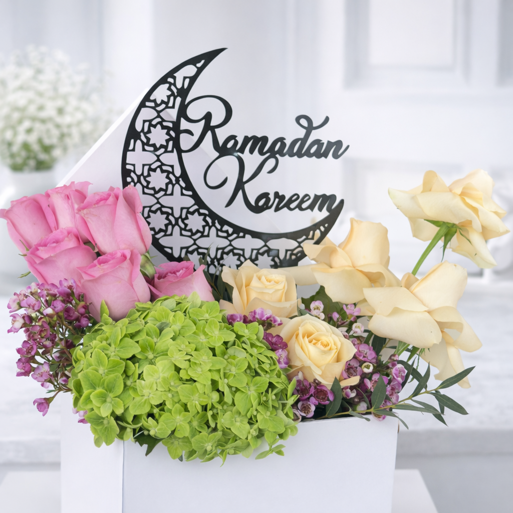 Luxury Ramadan floral gift box with Ferrero chocolates and prayer beads