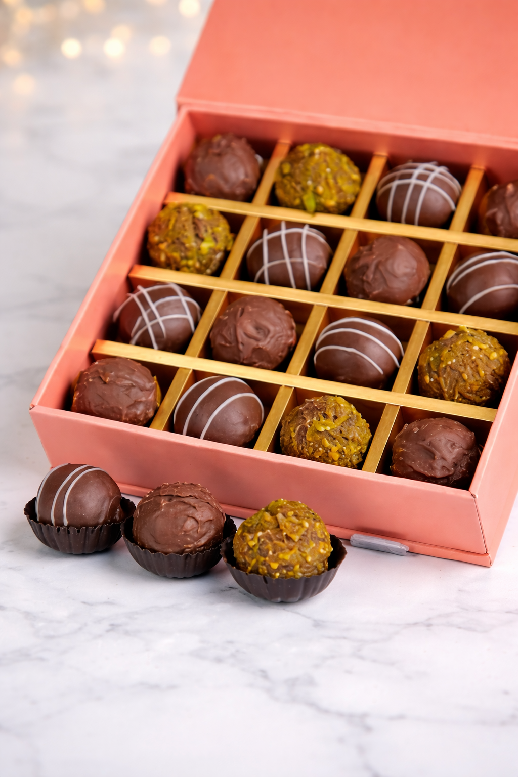Close-up of assorted handmade chocolate truffles in pink gift box