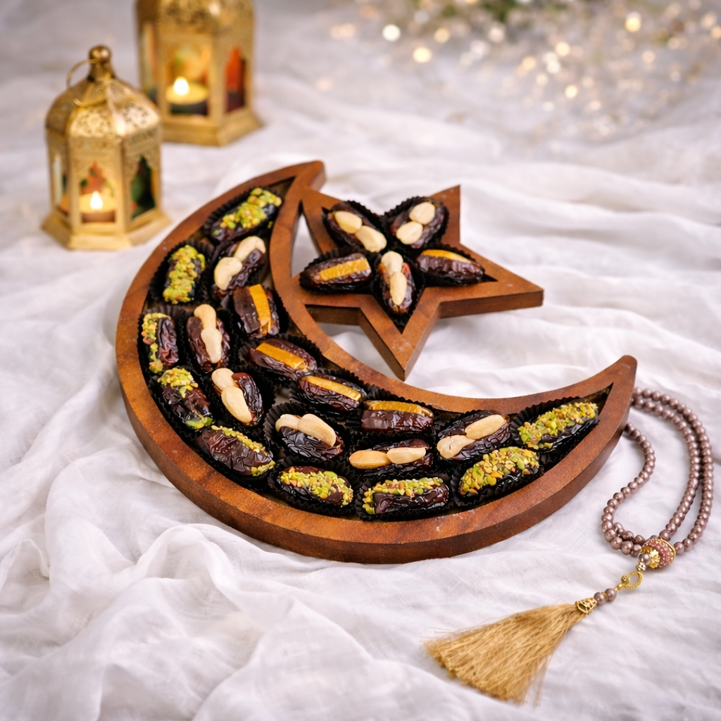 Wooden crescent moon and star tray filled with pistachio and cashew-topped dates, styled with prayer beads and a golden lantern.