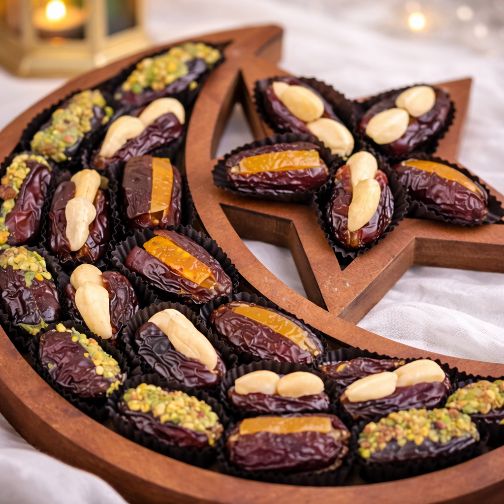 Close-up of Medjool dates topped with cashews, pistachios, and dried fruit on a wooden crescent moon tray.