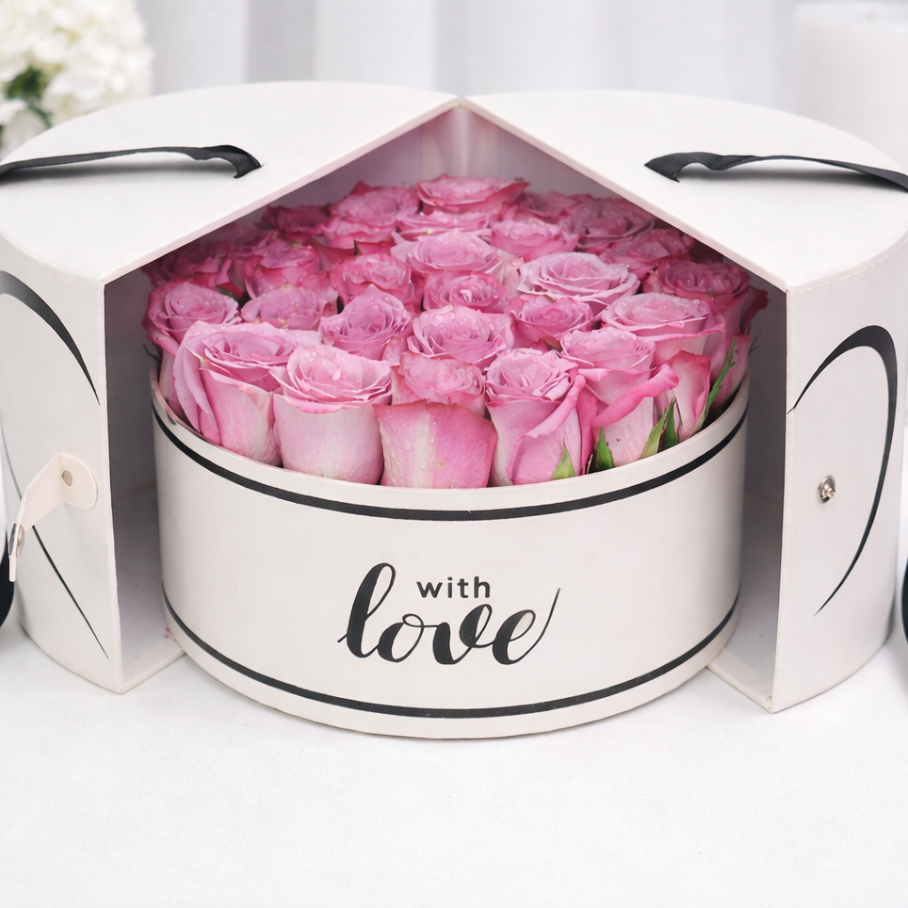Close-up of lavender pink roses filling an open round white 'with love' gift box with heart-shaped split lid.