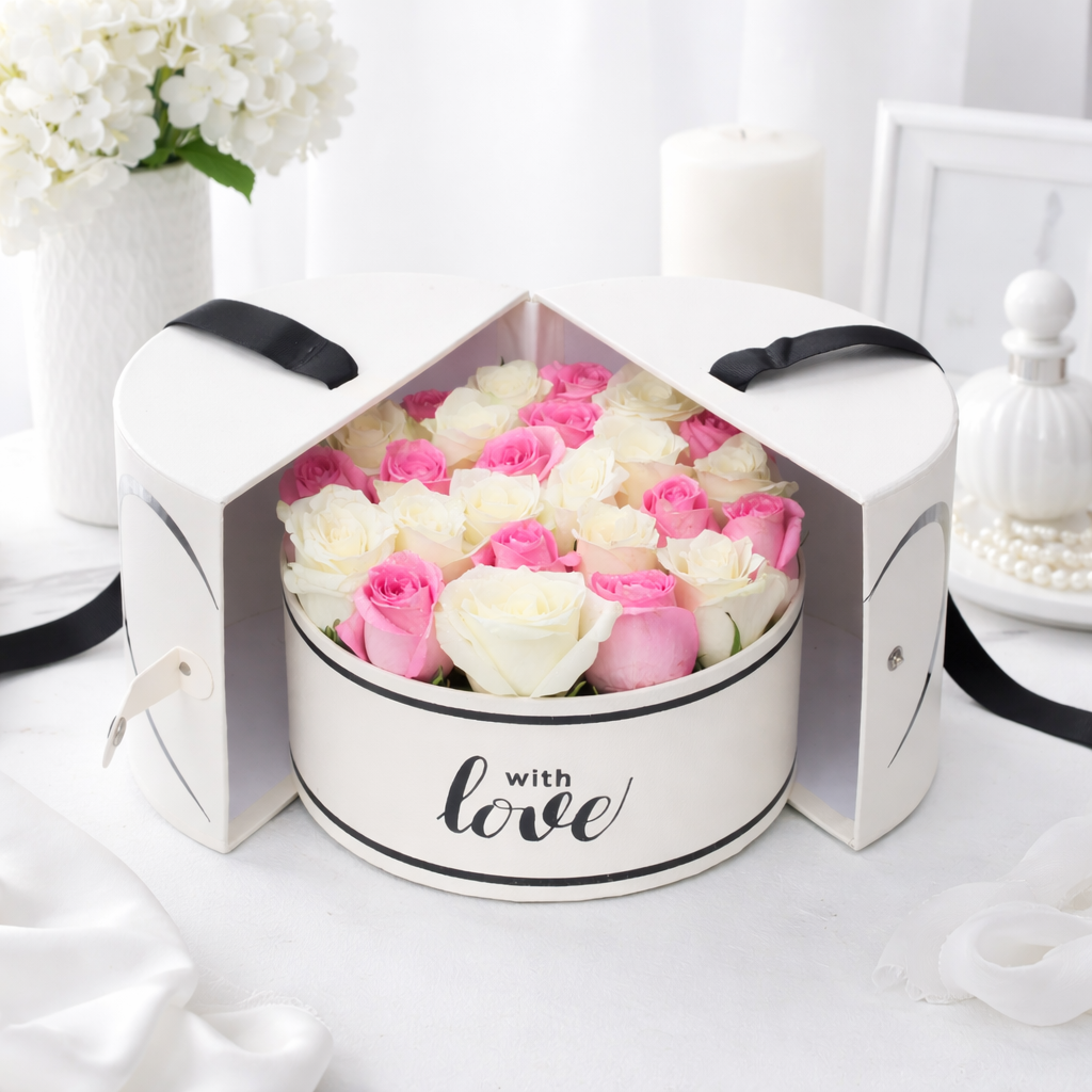 White and pink roses in an open round white gift box labeled 'with love,' with heart-shaped split lid and black ribbon handles on a white surface.
