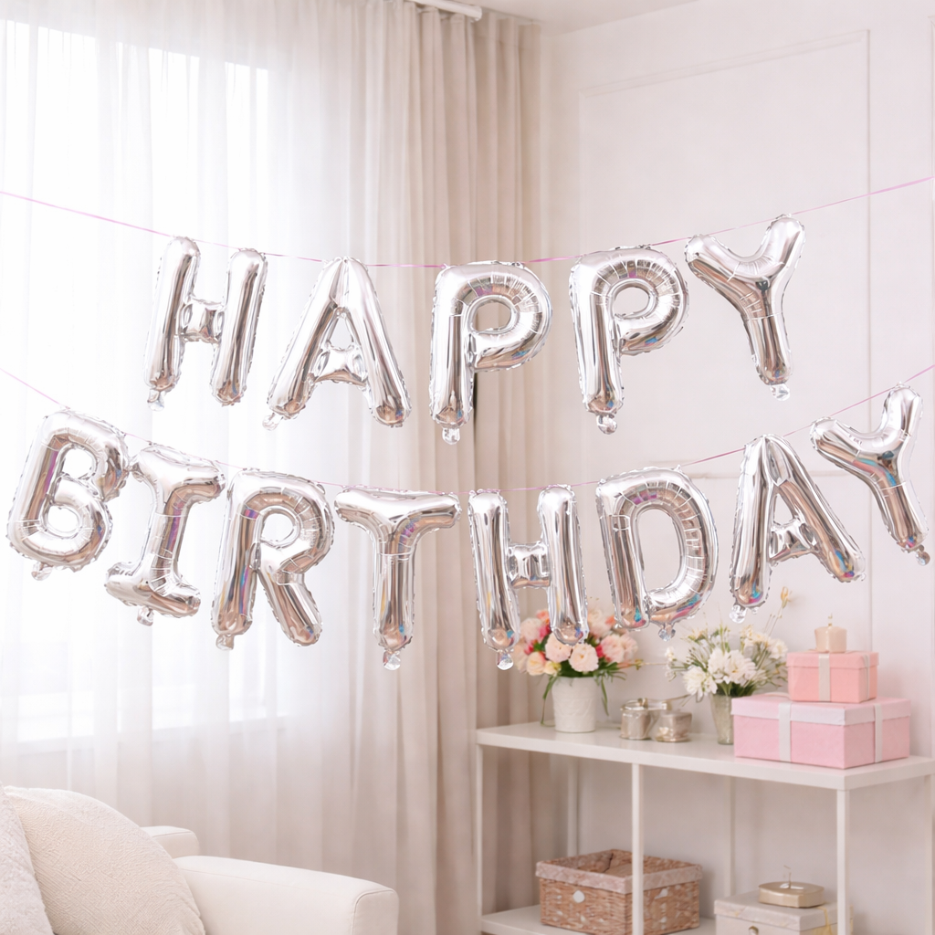 Silver 'Happy Birthday' foil letter balloon banner hung in a bright room with flowers and pink gift boxes.