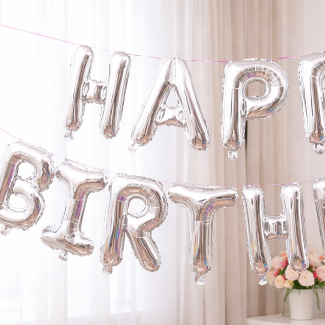 Close-up of silver 'Happy Birthday' foil letter balloon banner against a white curtain
