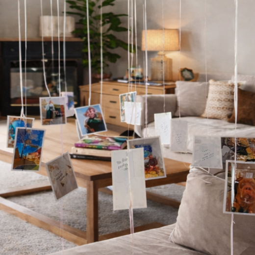 Photo cards and handwritten notes hanging from white ribbon strings in a cozy living room.
