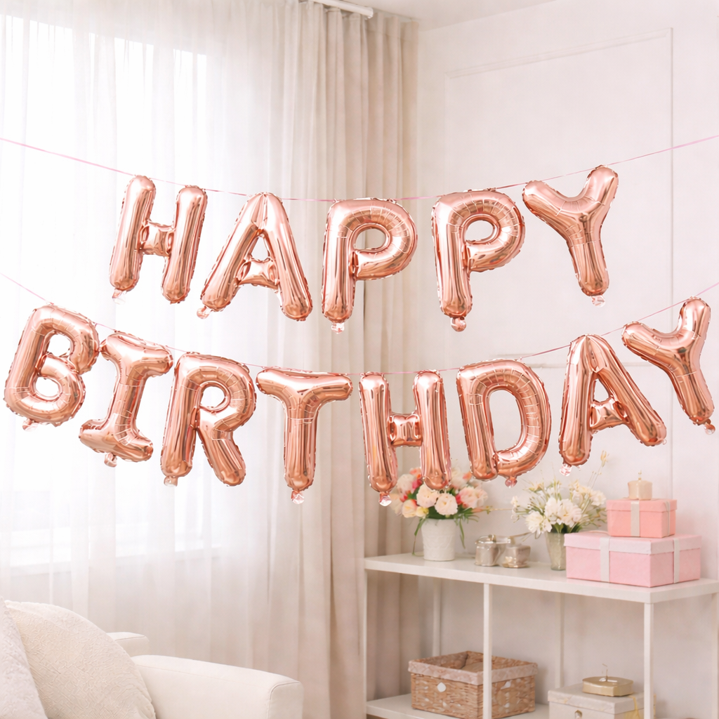 Rose gold 'Happy Birthday' foil letter balloon banner hung in a bright room with flowers and pink gift boxes.