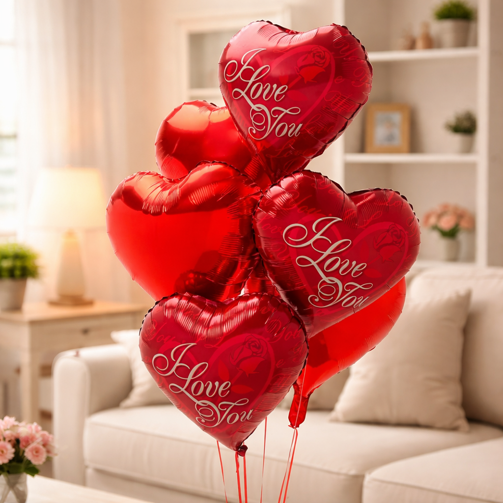 Bunch of red heart-shaped foil balloons printed with 'I Love You' in a cozy living room setting.