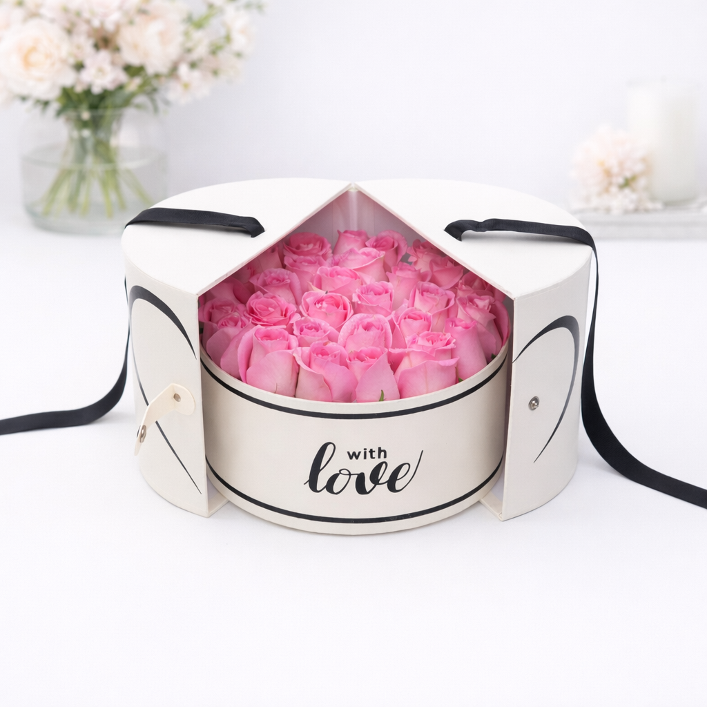 Pink roses arranged in an open round white gift box labeled 'with love,' with heart-shaped split lid and black ribbon handles, styled on a white surface.