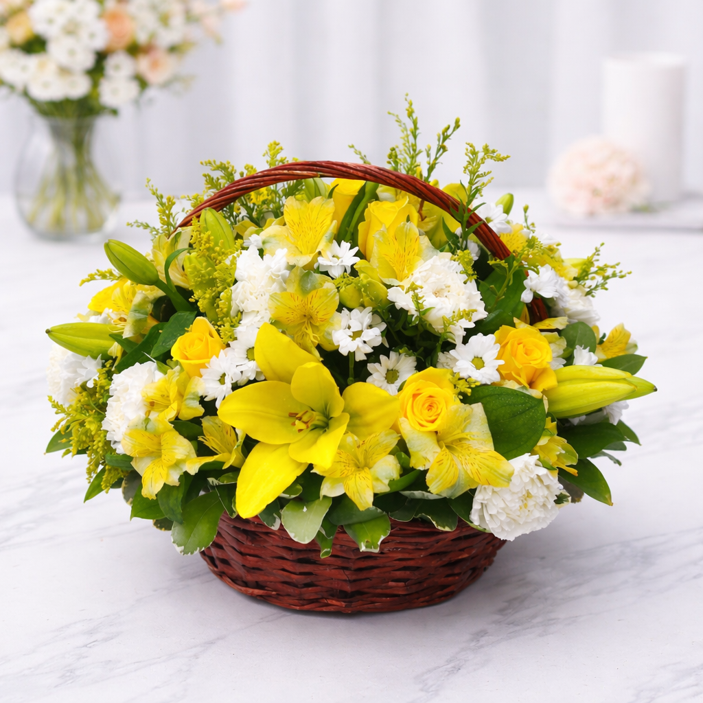 Lush flower basket arrangement with yellow lilies, roses, alstroemeria, white carnations, and daisies in a brown wicker basket on a marble surface.