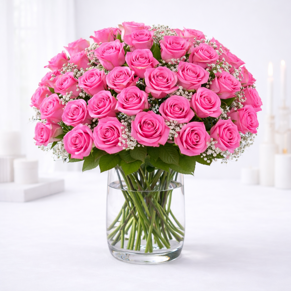 A dome-shaped bouquet of pink roses with baby's breath in a clear glass vase on a white surface.