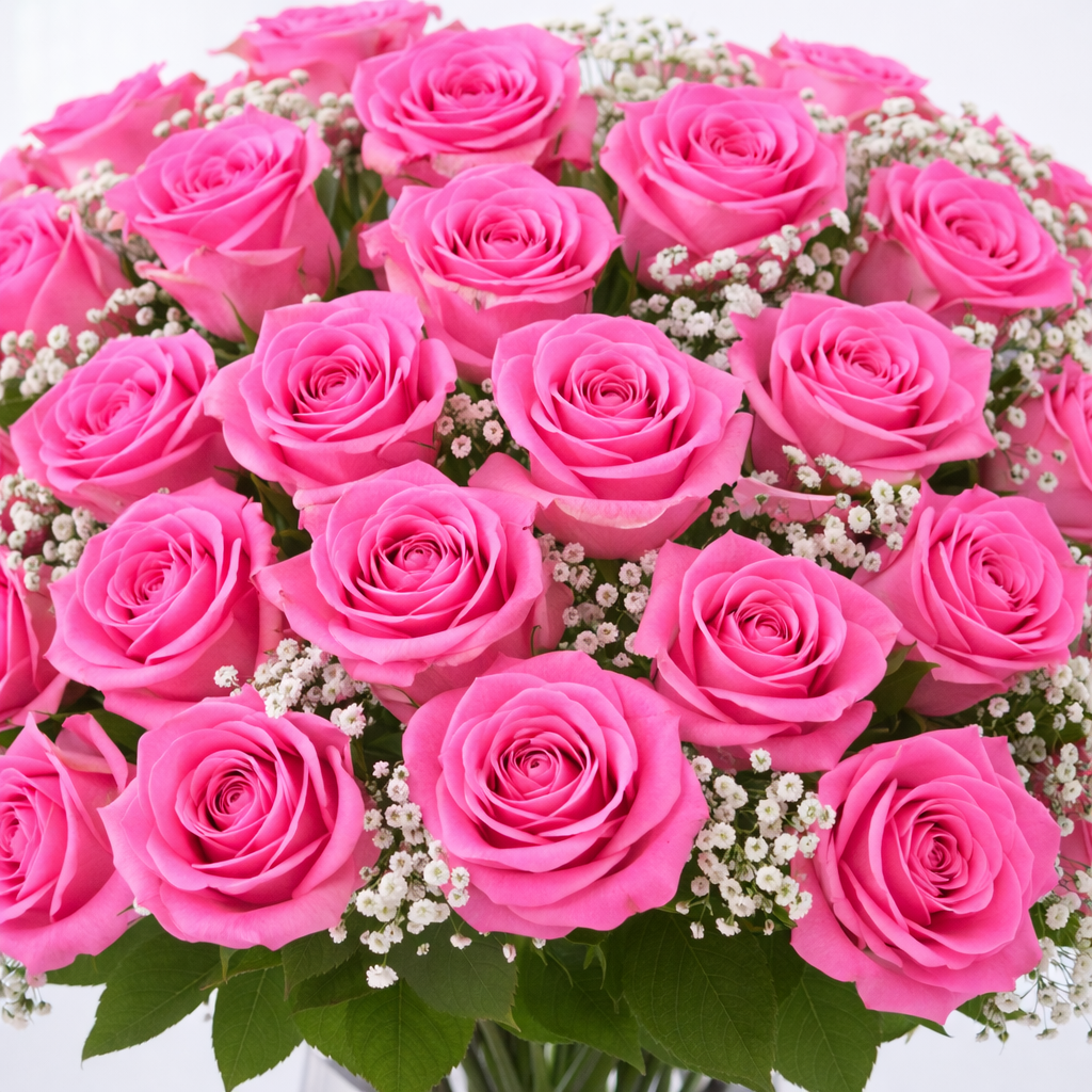 `Close-up of bright pink roses with white baby's breath accents against a white background.`