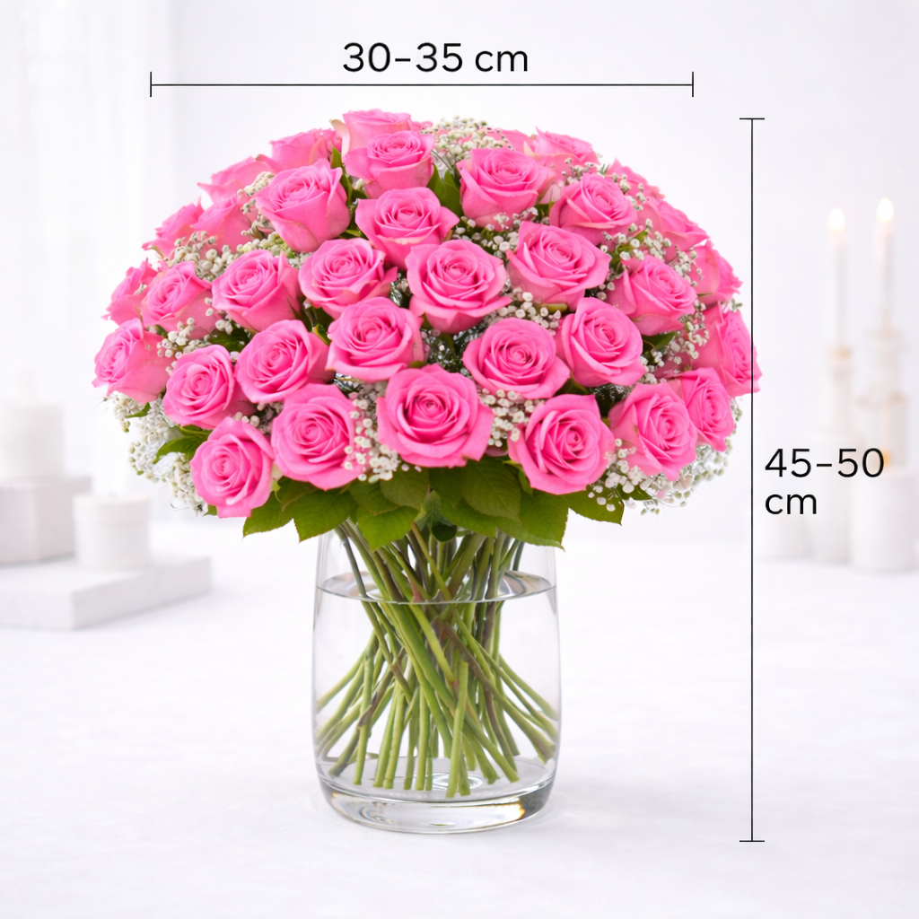 `Pink rose bouquet with baby's breath in a glass vase, measuring 30–35 cm wide and 45–50 cm tall.`