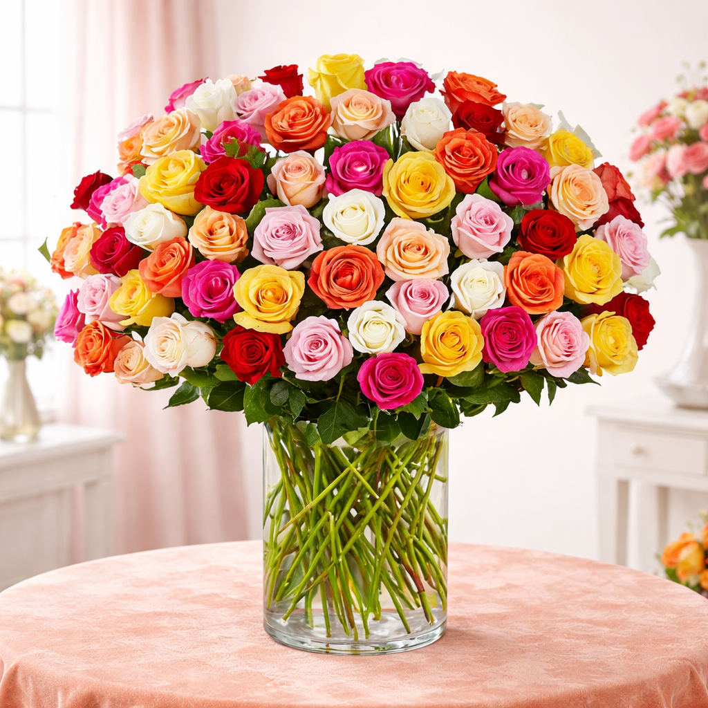 A large bouquet of colorful mixed roses in a clear glass vase on a pink tablecloth.
