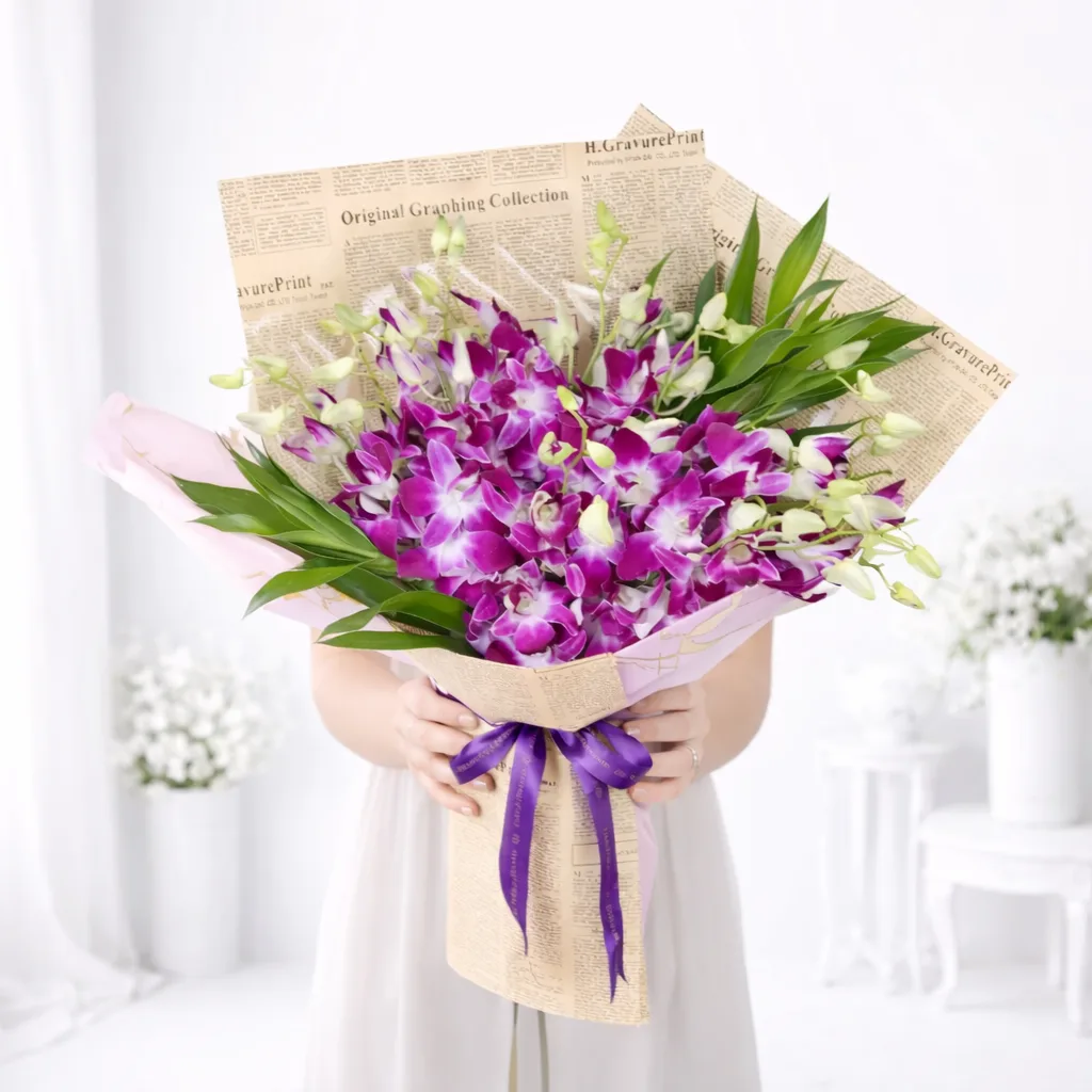 Woman holding a large purple orchid bouquet wrapped in newspaper print paper with a purple ribbon