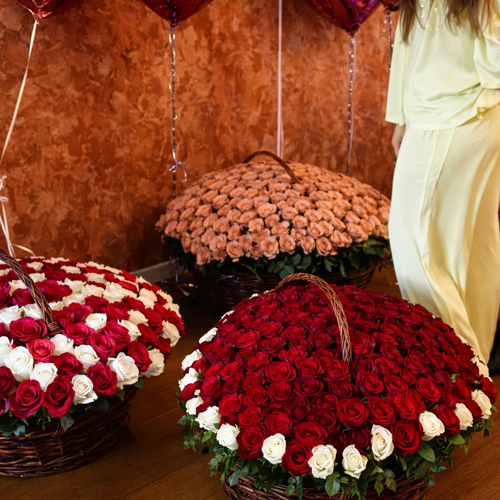 Close-up of three large wicker baskets overflowing with red, white, and pink roses with heart foil balloons in the background.