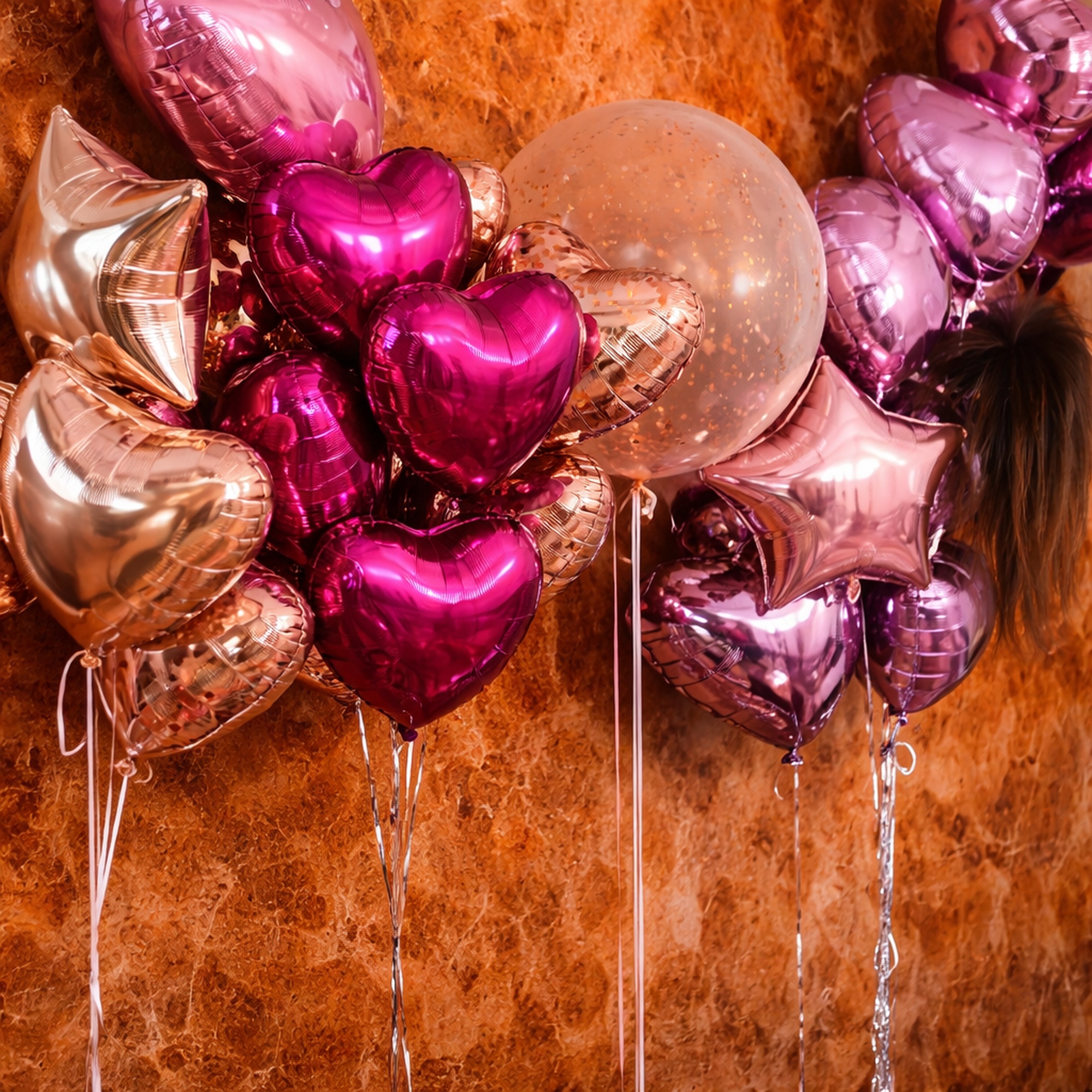 Clusters of magenta and rose gold heart, star, and round foil balloons against a textured orange wall.