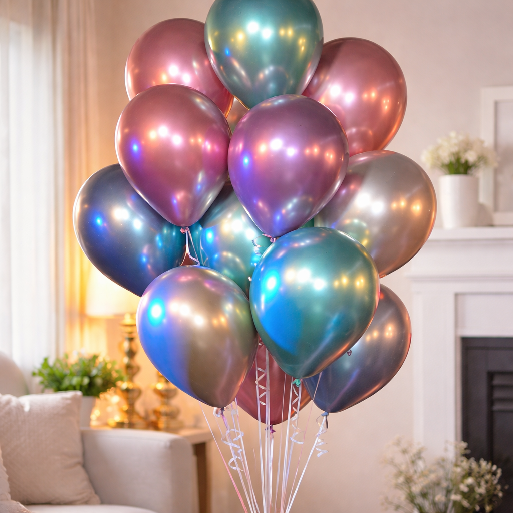 Bunch of multicolored chrome metallic helium balloons with curling ribbons in a living room.