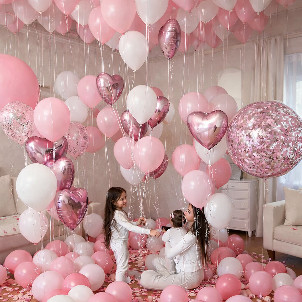 Two girls playing in a room filled with pink and white helium balloons, heart foil balloons, and a large confetti balloon