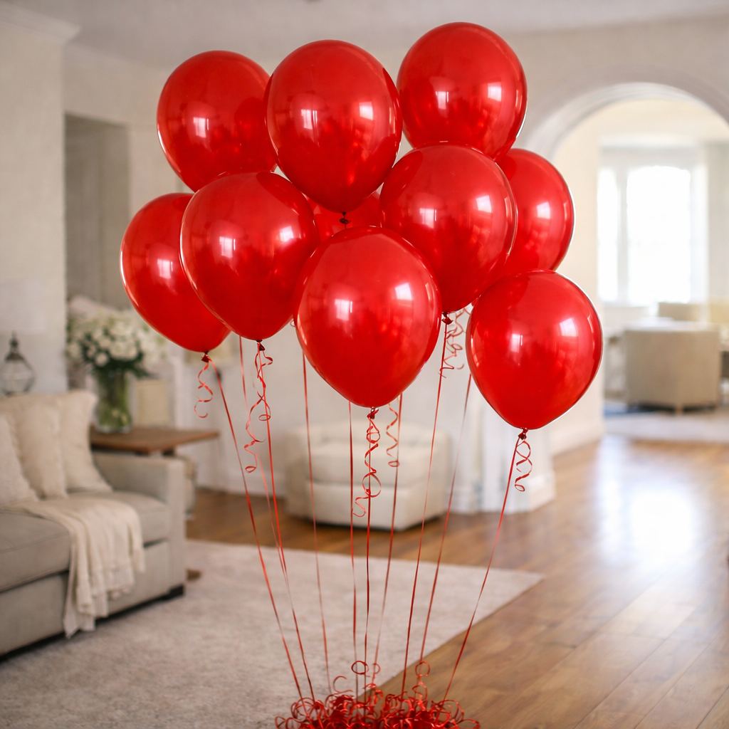 Bunch of red helium balloons with curling ribbons floating in a living room.