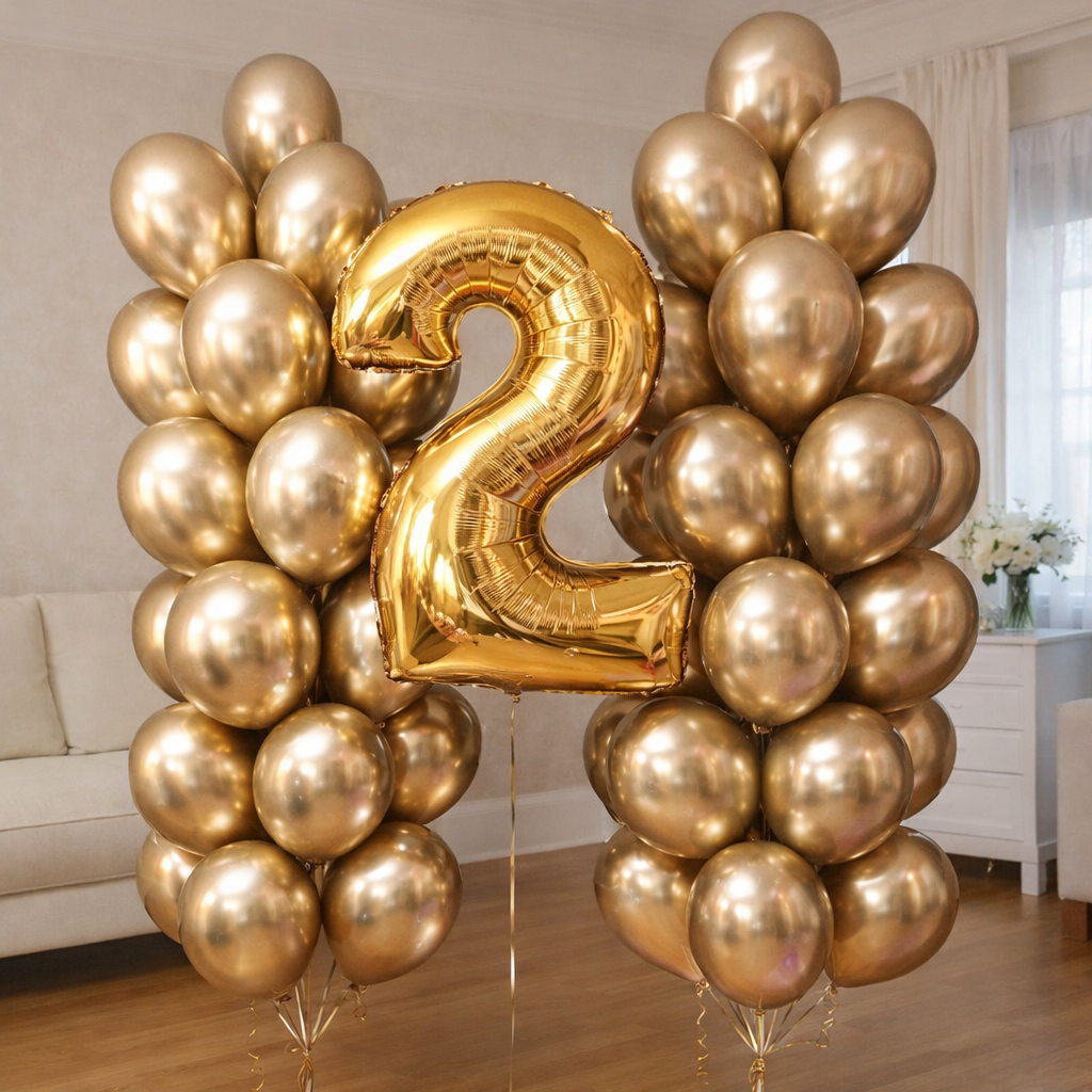 Two chrome gold balloon clusters with a large gold number 2 foil balloon in the center.