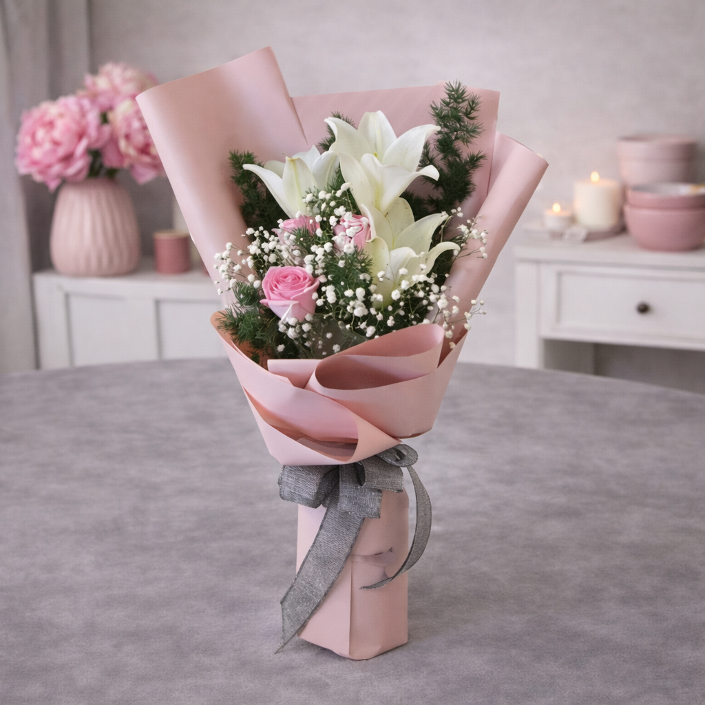 White lilies, pink roses, and baby's breath bouquet wrapped in pink paper with a grey ribbon.
