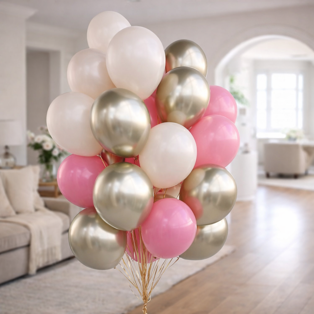 Bunch of pink, white, and chrome gold balloons floating in a bright living room.