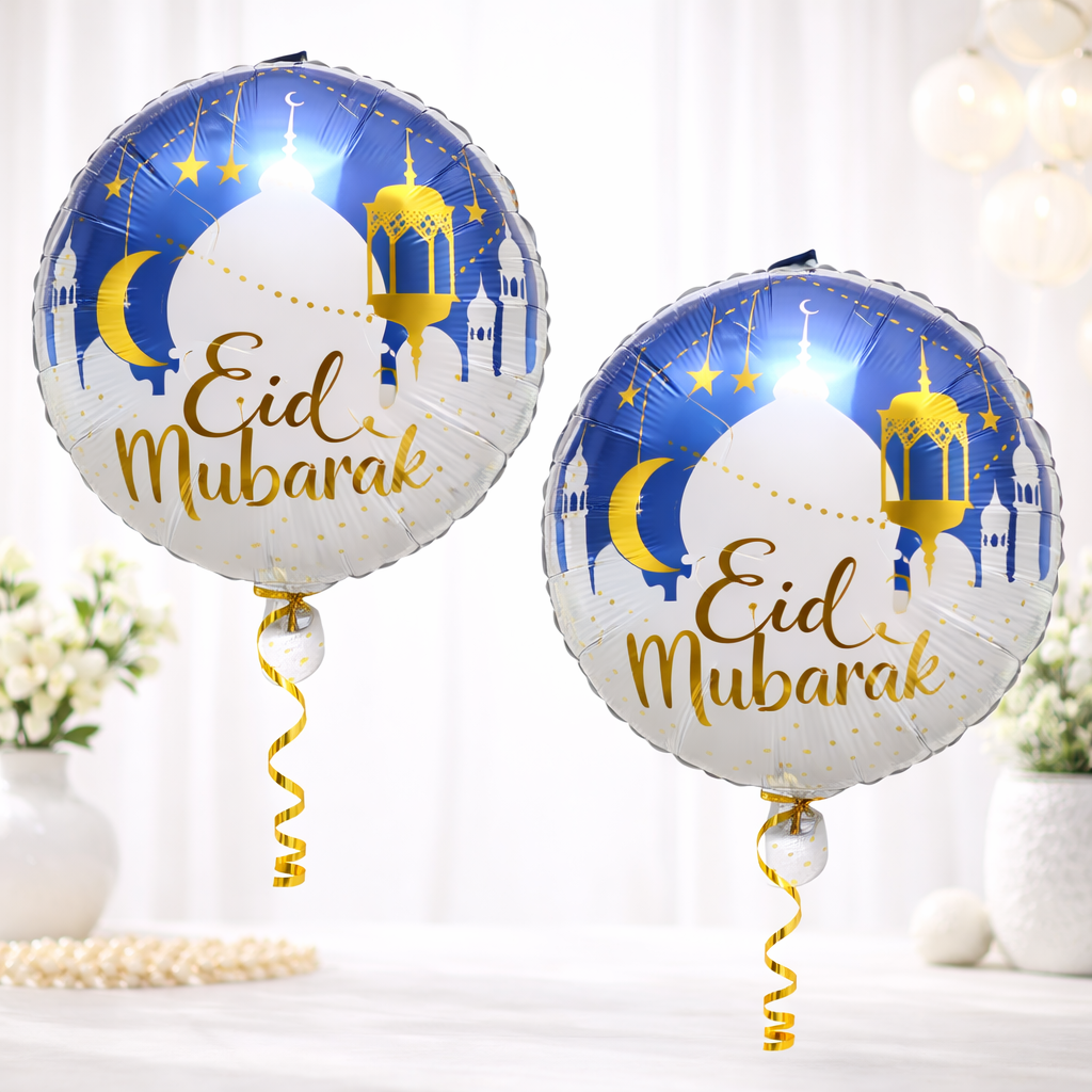 Two round Eid Mubarak foil balloons with blue, white and gold mosque and crescent moon design.