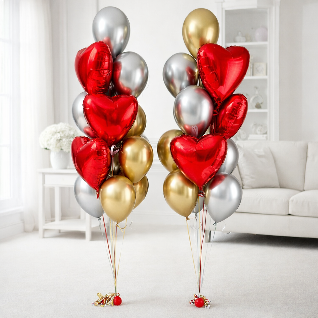 Two balloon bouquets with red heart foil balloons and chrome silver and gold latex balloons.
