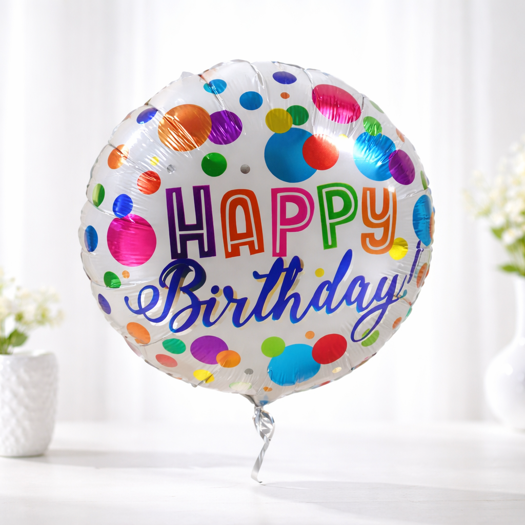 Round foil balloon with colorful polka dots and "Happy Birthday!" text.