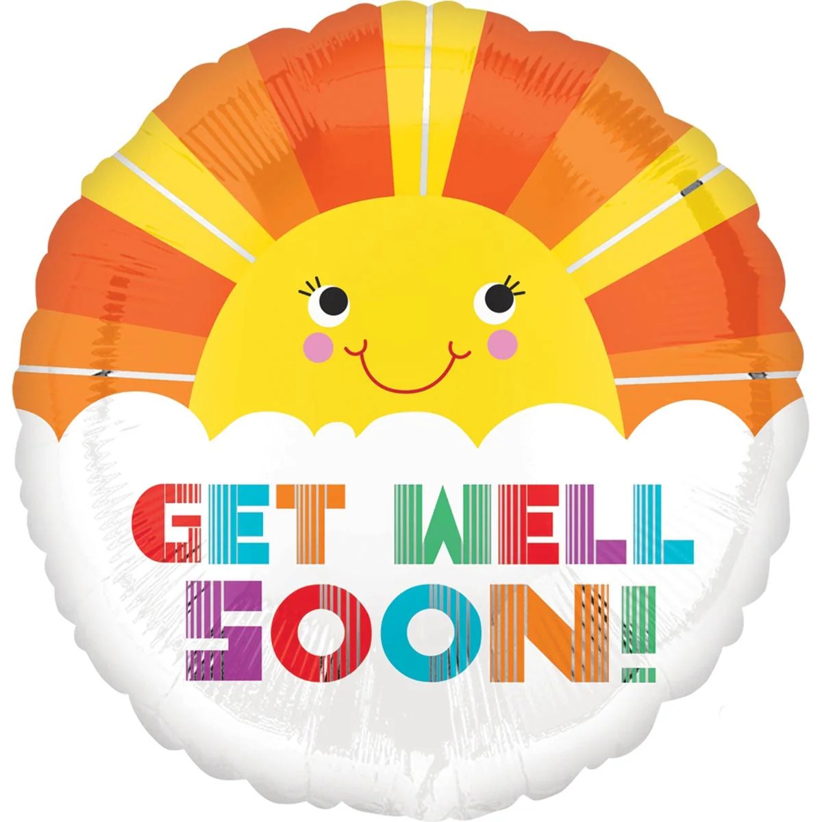 Round foil balloon with a smiling sun and colorful "Get Well Soon!" text.