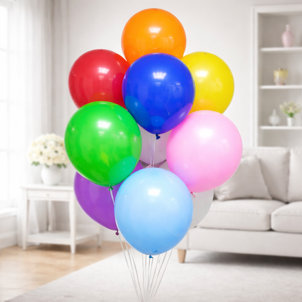 Bunch of colorful helium balloons tied together in a bright living room.