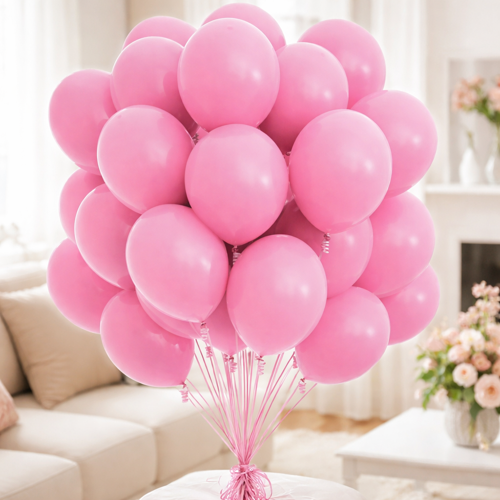Bunch of pink helium balloons tied together in a bright living room.