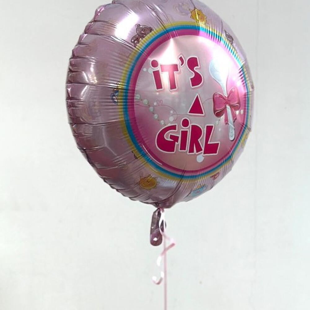 Pink 'It's a Girl' foil balloon with curling ribbon against a white background.