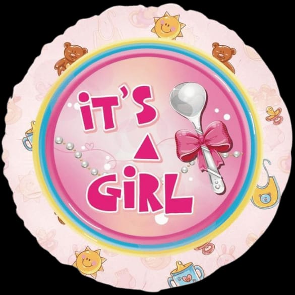 Flat lay of pink 'It's a Girl' foil balloon design with baby rattle and bow.