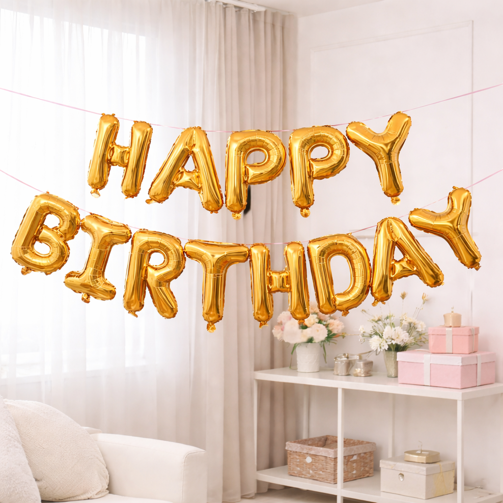 Gold foil Happy Birthday letter balloon banner in a decorated living room.