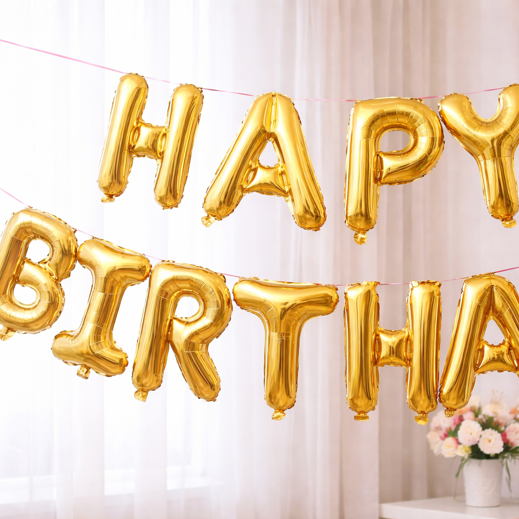 Close-up of gold foil Happy Birthday letter balloon banner.