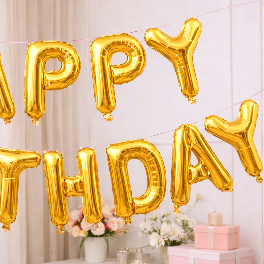 Gold foil Happy Birthday balloon banner above flowers and pink gift boxes.